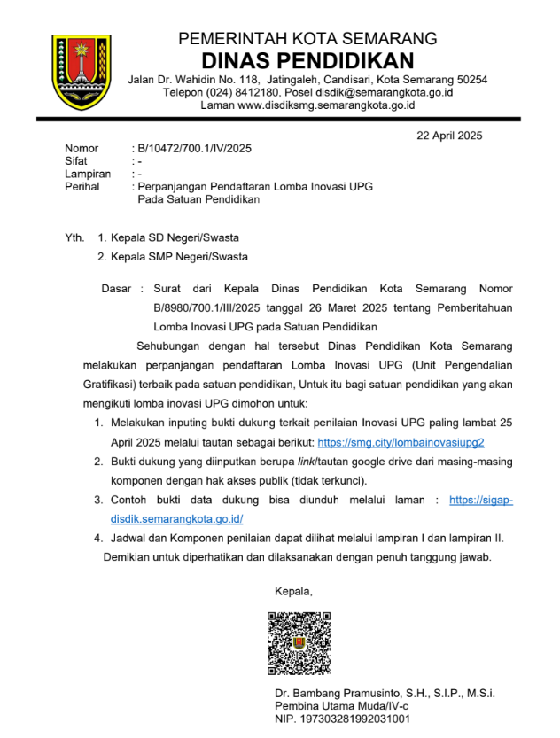 Perpanjangan Pendaftaran Lomba Inovasi UPG Pada Satuan Pendidikan